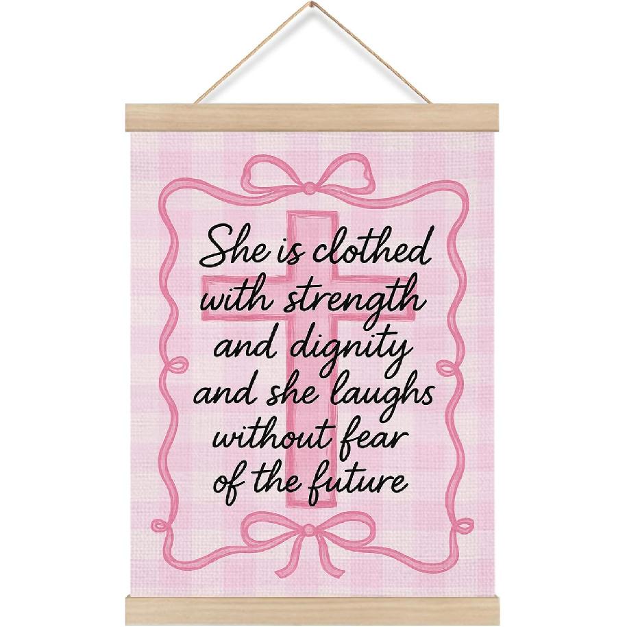 KRHFG Pink Coquette Bow Cross Christian Wall Art Poster Framed, She Is Clothed with Strength and Dignity Bible Verse Hanging Canvas Prints Wall Decor GOD-Coquette Bow