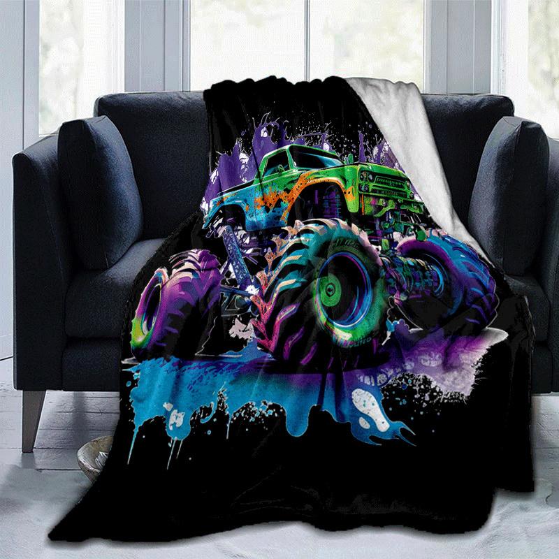 1pc Monster Truck Printing Lightweight Flannel Blanket, Comfortable and Warm Blanket,  Sofa Bed and Couch Office, Suitable for Gift Blankets