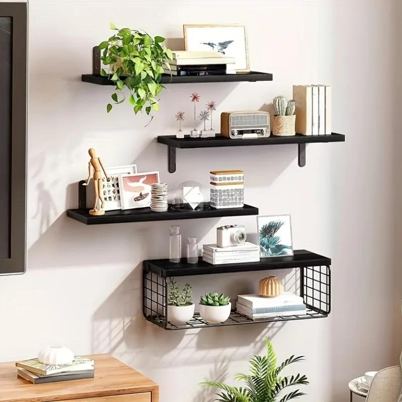 Natural Wood Bathroom Floating Shelves Bathroom Wall Mounted Towel Rack Toilet Paper Holder Home Accessories Garden Set of 4