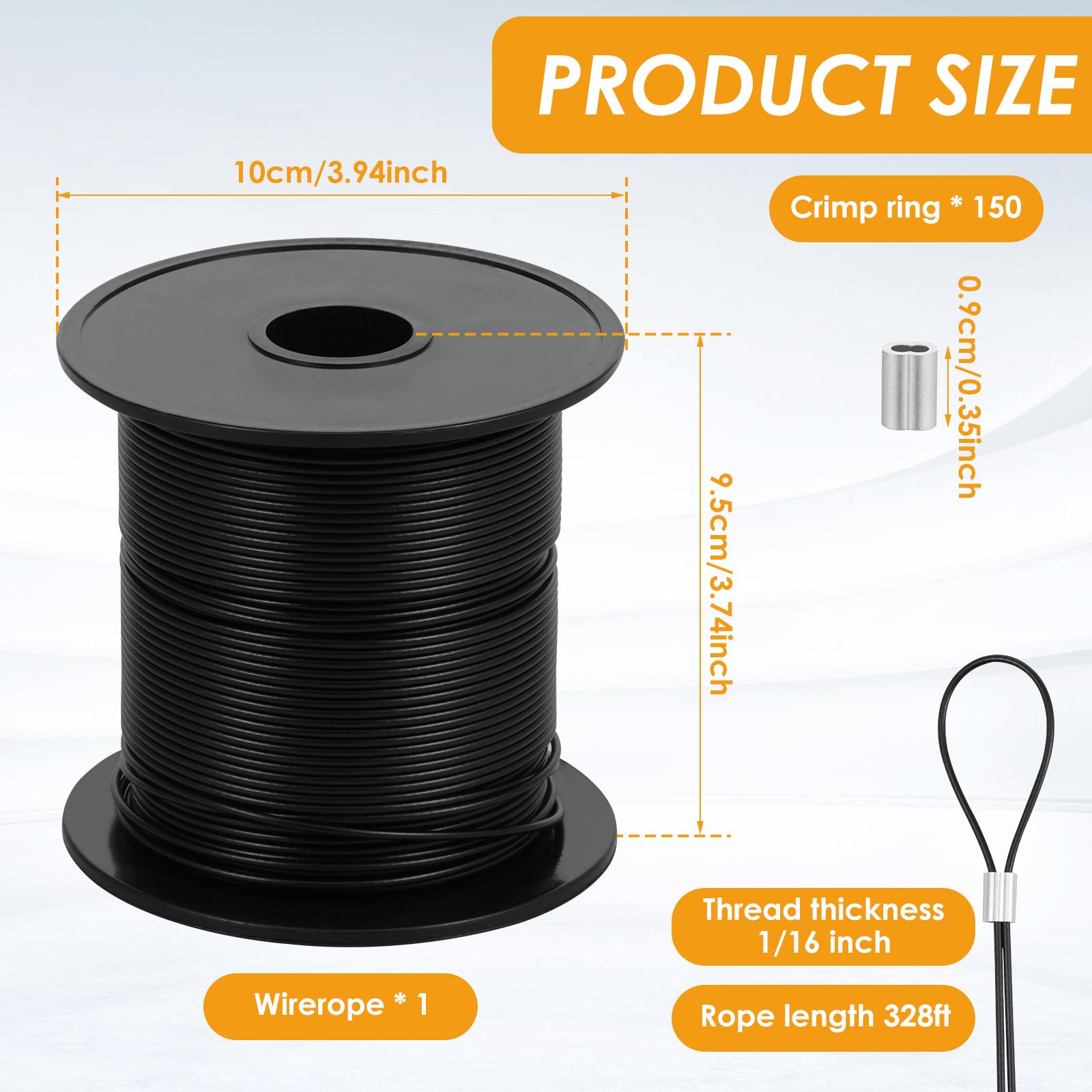 

Vinyl Coated Wire Rope 328 FT Cuttable Stainless Steel Wire Cable with 150 Crimping Loop Sleeves for String Light Indoor Outdoor