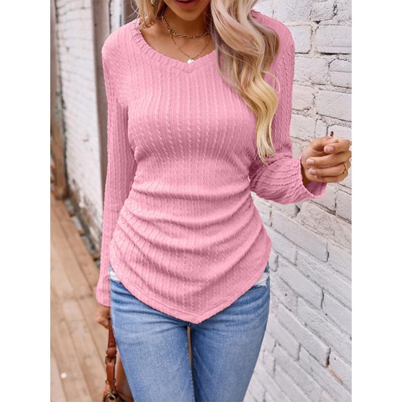 Women's Autumn and Winter Models Long-sleeved Irregular Slim V-neck Solid Colour Knitted T-shirt