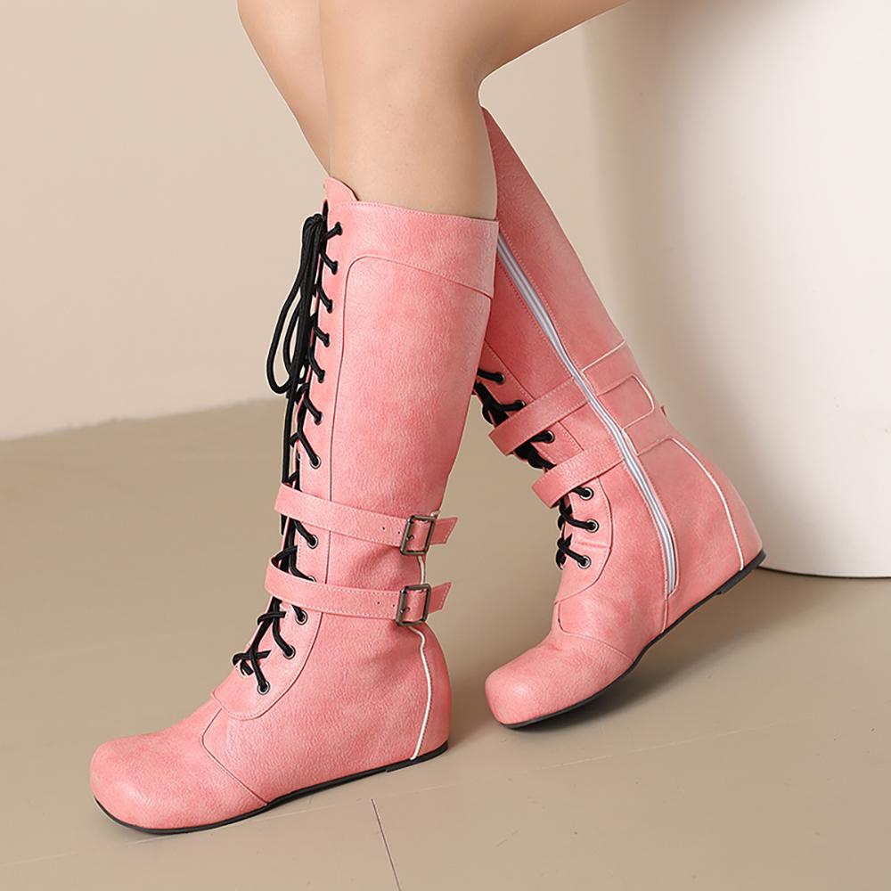 White Brown Women Mid Calf Boots Med Wedge Heel Big Size 50