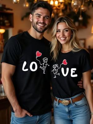 Black and White Casual ShortSleeve TShirt with A Round Neck Featuring A Cartoon Character Design for Couples On Couples Trip