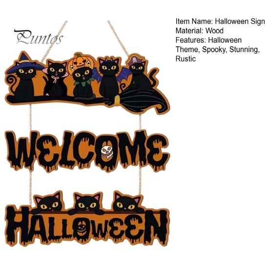 Elegant Natural Wood Sign Halloween Wooden Door Sign, Black Cats Broom Front Hanger, Rustic Nordic Style Hanging Welcome for Home Window Wall