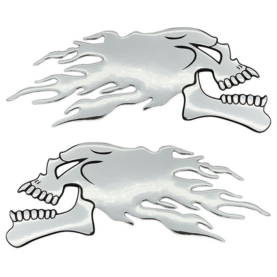 New 6x14cm Pair Skull Head Flame Style Motorcycle Fuel Gas Tank Fairing Badge Decal