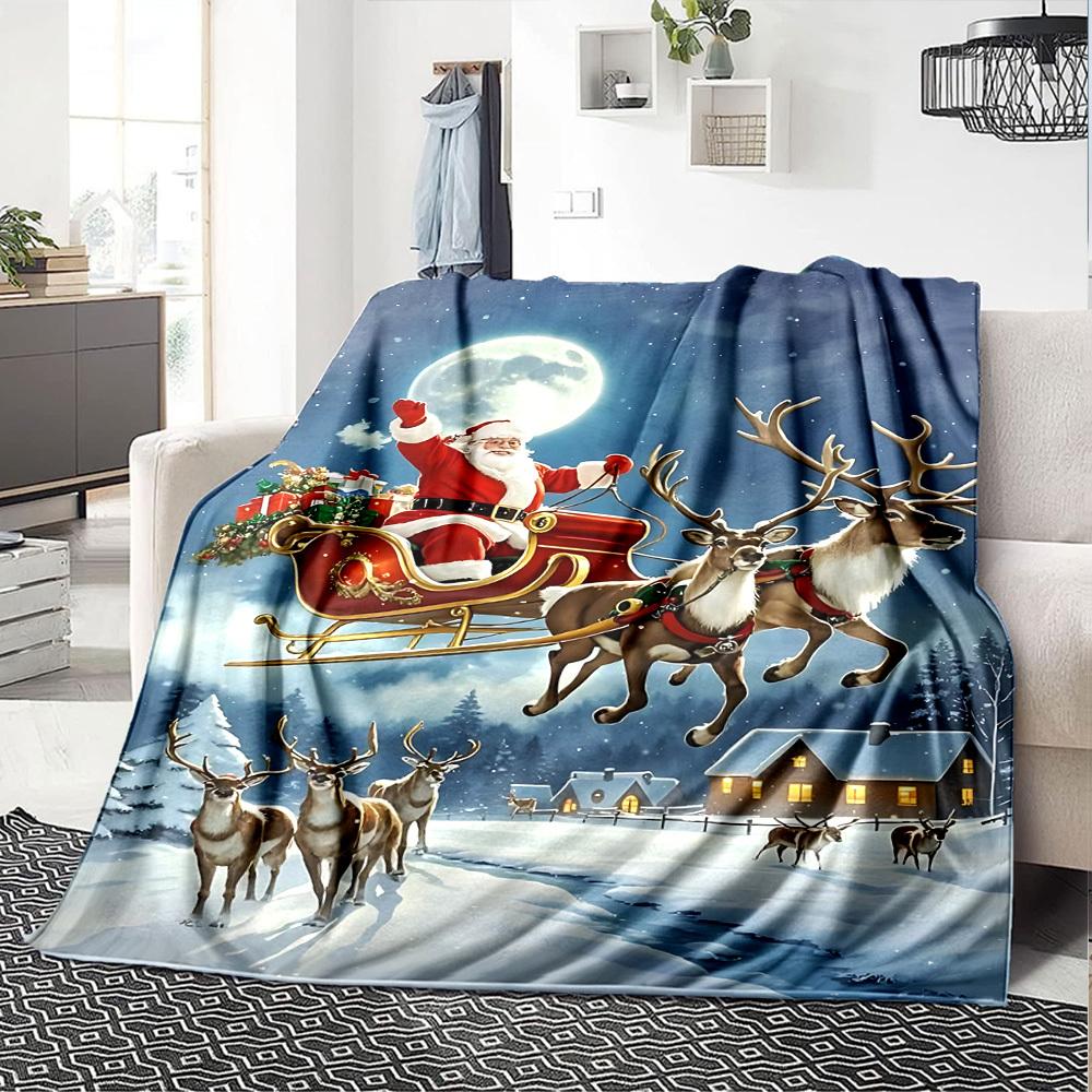 1pc Santa Claus, reindeer sleigh blanket Lightweight Flannel Throw for Sofa Bed Travel Camping Livingroom Office Couch Chair