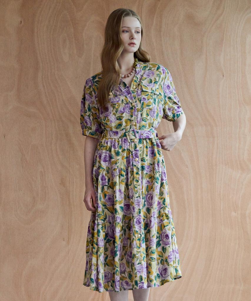 MAXZA Rose Print Belted Tiered Long Dress