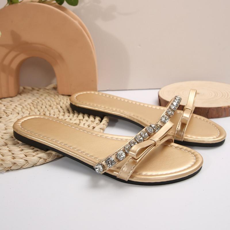 Fashion Summer New Rhinestone Slippers Women's Bow Thin Strap Combination Flat Small Sandals Open Toe Large Size Sandals