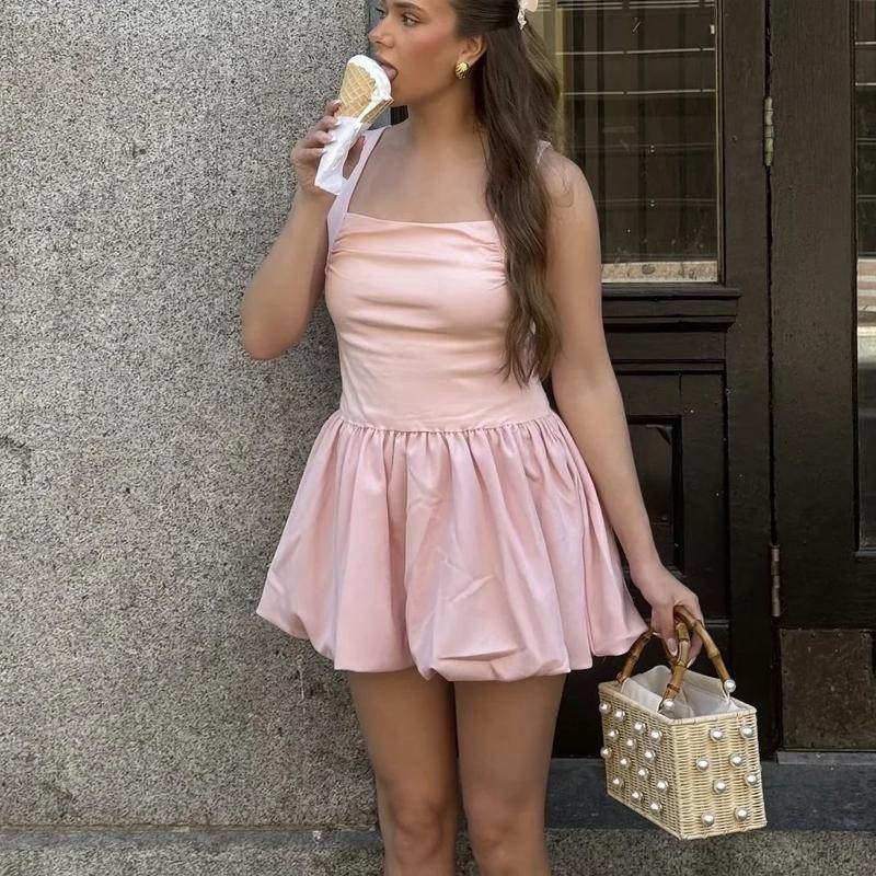 Fall and Winter New Women's Clothing French Style Design Sleeveless Square Collar A- Line Short Puffy Hem Sling Dress