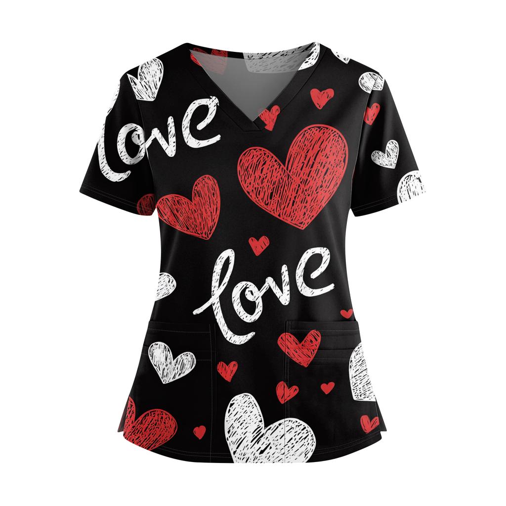 Women's Valentine's Day  Printed V-Neck Double Pocket Short Sleeves Hem Slit  Uniform Caregiver Top
