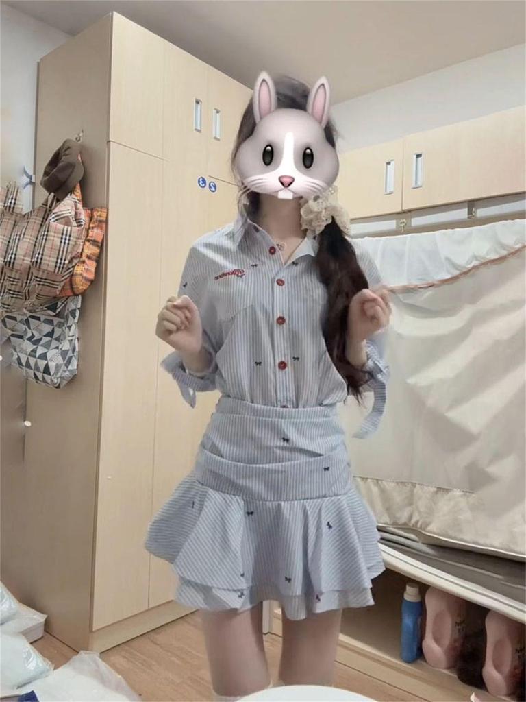 2025 Miu College Style Blue Shirt Dress – Women's Pleated Waist-Cinched Short Skirt for Spring/Summer