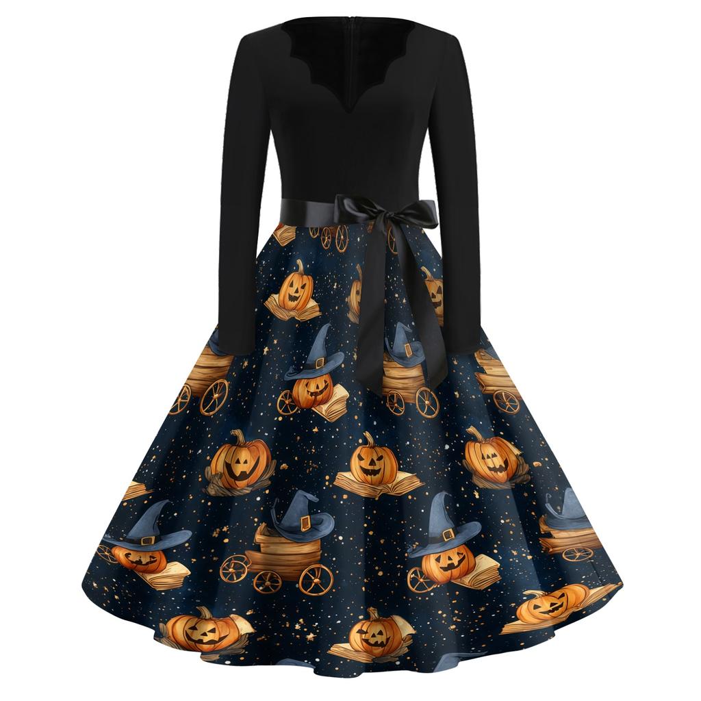 Women's Vintage V Neck Dress Halloween Print Long Sleeve Casual Retro Style Dress with Flared Skirt and Waist Tie for Seasonal Wear