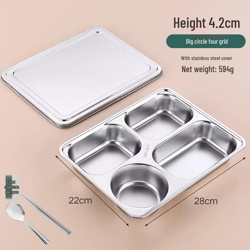 304 Stainless Steel Rectangular Five-Compartment Lunch Tray with Lid