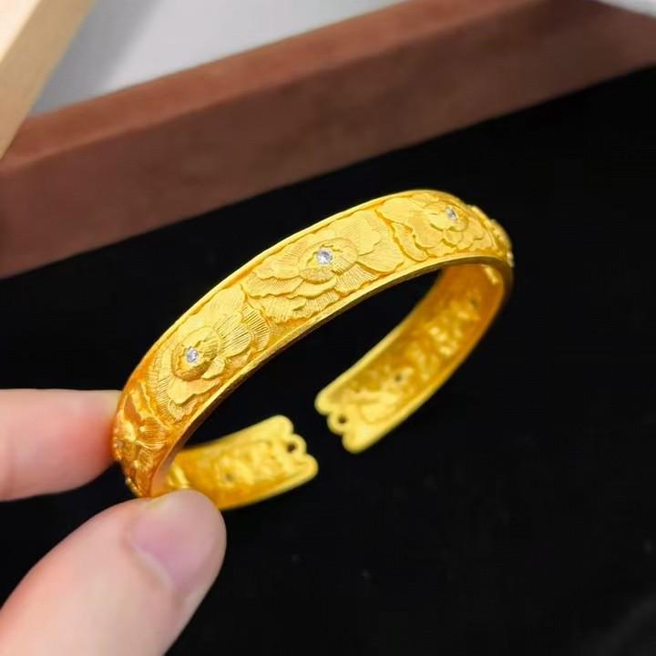Gold Engraved Peony Flower Open Bangle Bracelet - National Style Copper Jewelry