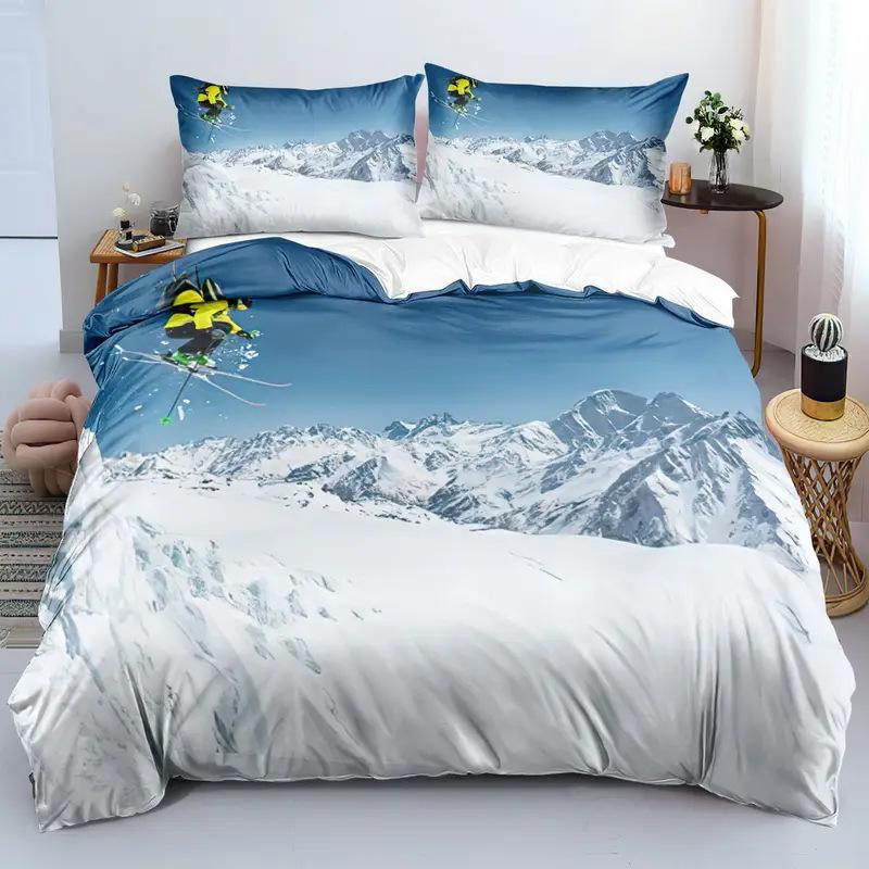 Ski Duvet Set Extreme Sports Themed Bedding Set Adult Youth Snow Mountain Printing Three-Piece Set