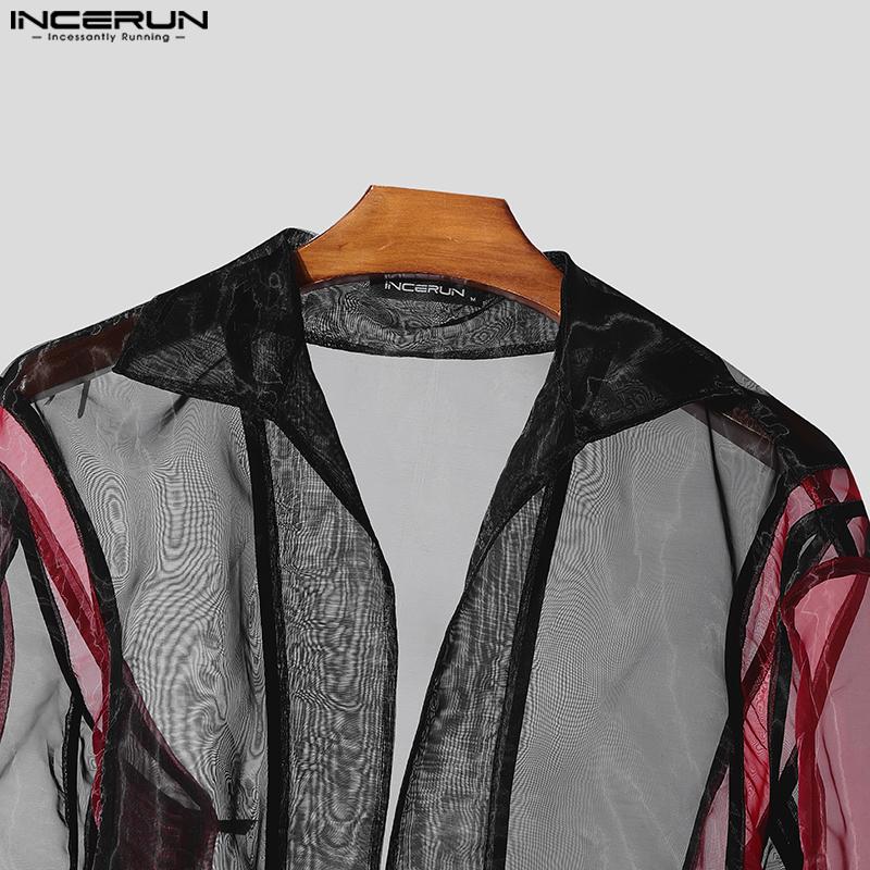 INCERUN Sexy Men Stitching Perspective Long-sleeved Mesh T-shirt Tops