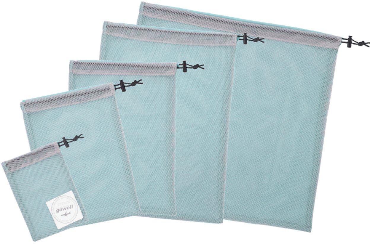 Набор из 5 сетчатых мешков на завязках, светло-голубой, размеры SS-LL