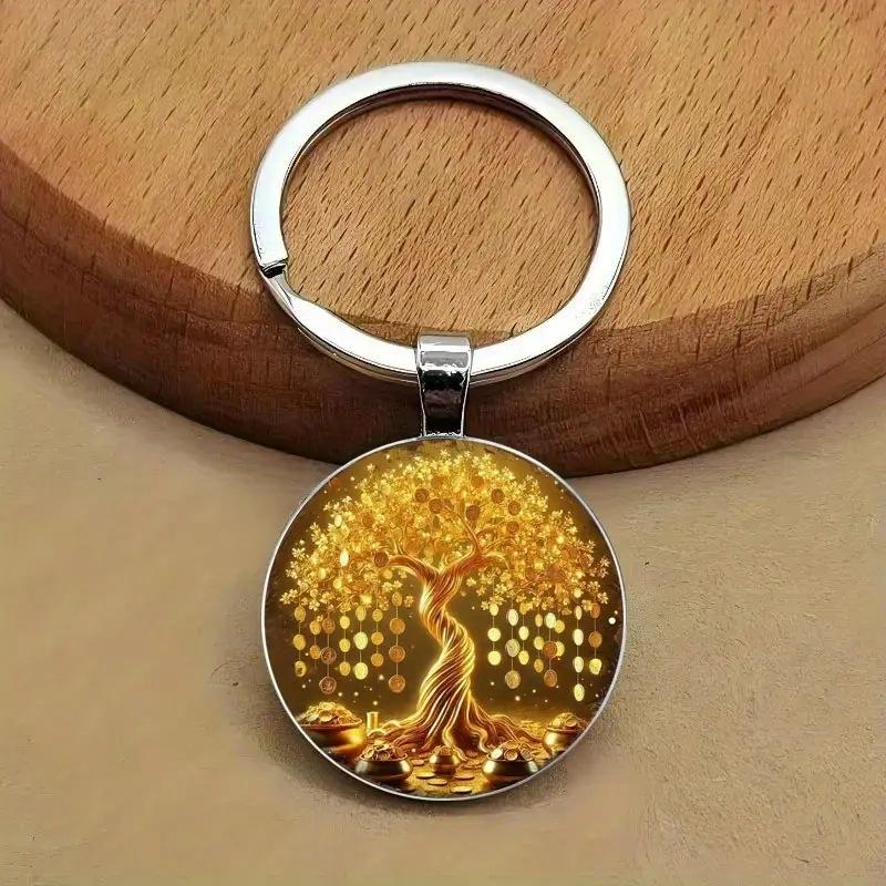 1/2Pcs  2D Money Tree Pattern Time Gem Keychain For Women Men Exquisite Pendant Keyring Bag Decor Accessories Gift