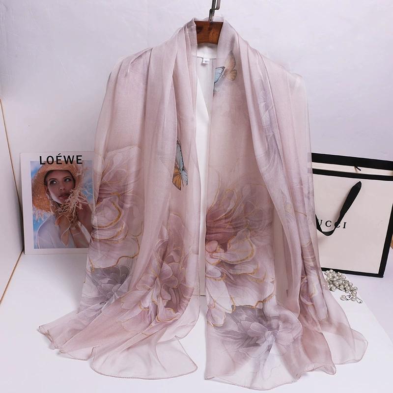 Spring Summer 100% Silk Scarf Shawl Hijab Wrap Women Long Thin Flower Beach Scarves 180*110cm