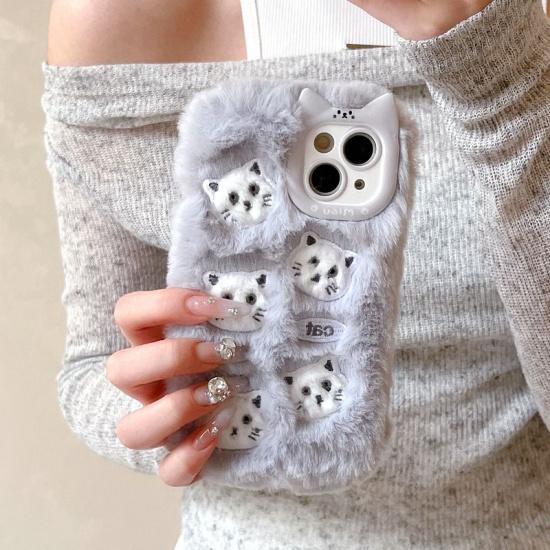 Soft Fluffy Plush bowknot Star Cat Ears 3D Pearl Phone Case For iPhone 17 Air 14 15 16 Plus 13 Pro Max 11 12 Warm Winter  Cover  Embroidery
