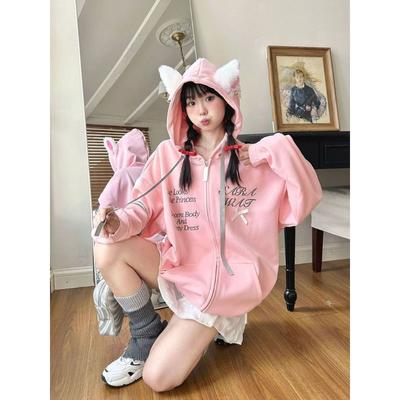 Korean Girl Sleeve Bow Design Sense Spring Loose Hooded Zipper Cardigan Sweater Lantern Sleeve Coat Embroidered Pink Bow Coat
