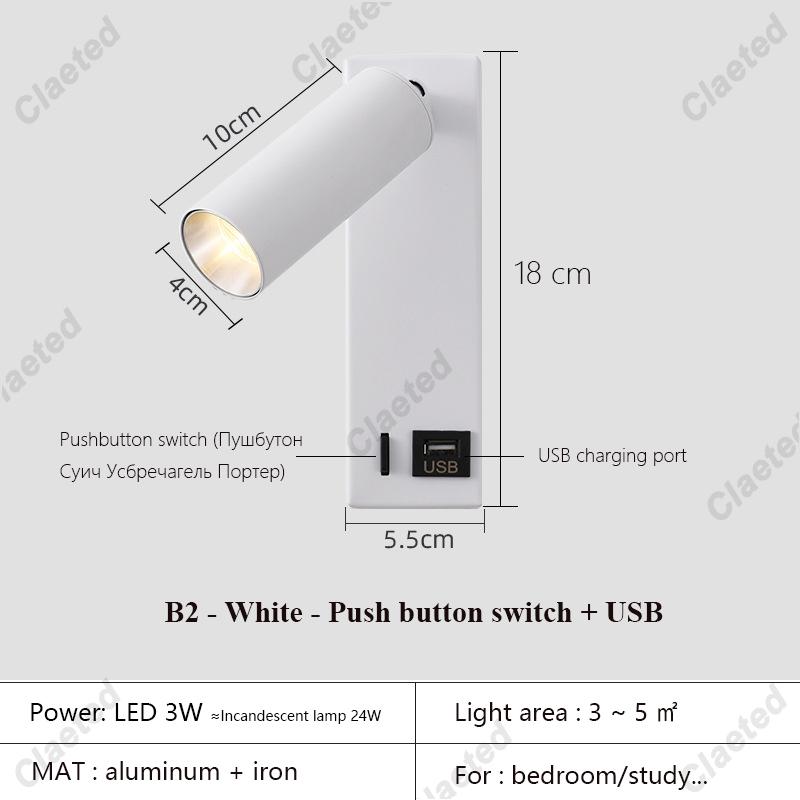 New Led Wall Lamp Sconce with Switch Black Brass Creative USB Port Reading Wall Lamp with 3W Spotlight for Bedroom Bedside