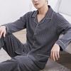 2 Pcs/Set Men Fall Winter Pajamas Set Striped Turn-down Collar Color Matching Single-breasted Loose Wide Leg Elastic Waist Homewear Shirt Trousers