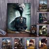 Vintage Railroad Retro Railway Steam Train Locomotive Landscape   Art Poster Canvas Painting Wall Prints Picture Room Home Decor