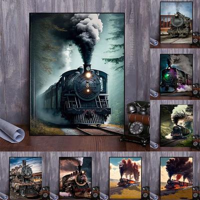 Vintage Railroad Retro Railway Steam Train Locomotive Landscape   Art Poster Canvas Painting Wall Prints Picture Room Home Decor