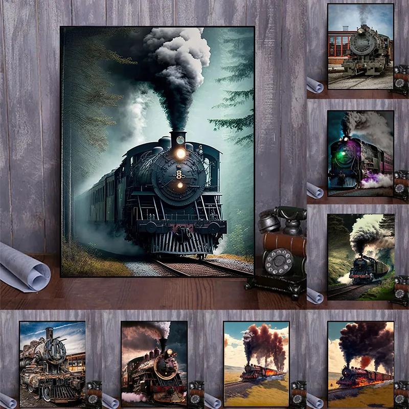 Vintage Cale Ferată Retro Cale Ferată Tren cu Aburi Locomotivă Peisaj Poster de Artă Pictură pe Pânză Imprimeuri de Perete Imagine Cameră Decor Acasă