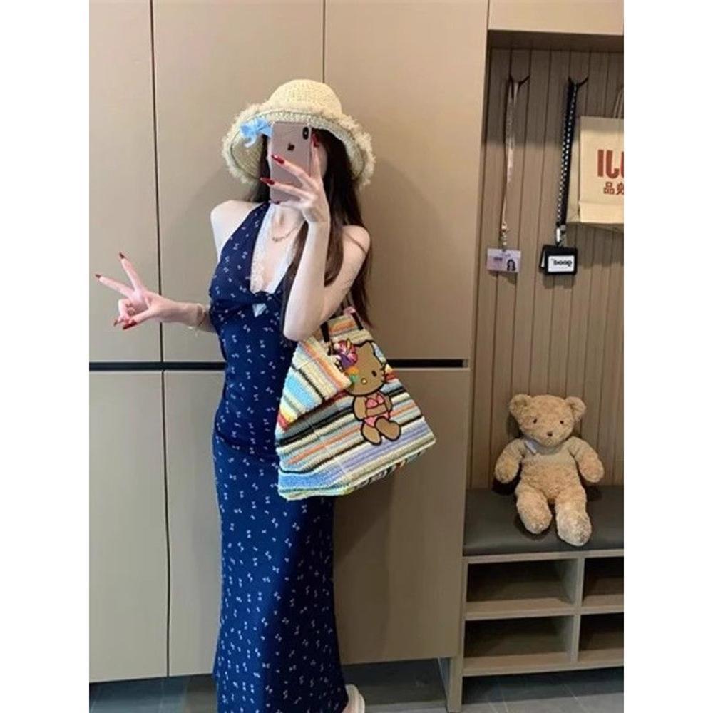 Wind V-neck lace floral neck halter dress women's summer slim temperament waist a word hip wrap skirt