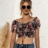 Summer Women Sexy Floral Print Crop Top Slim Backless Short Sleeve T-shirt