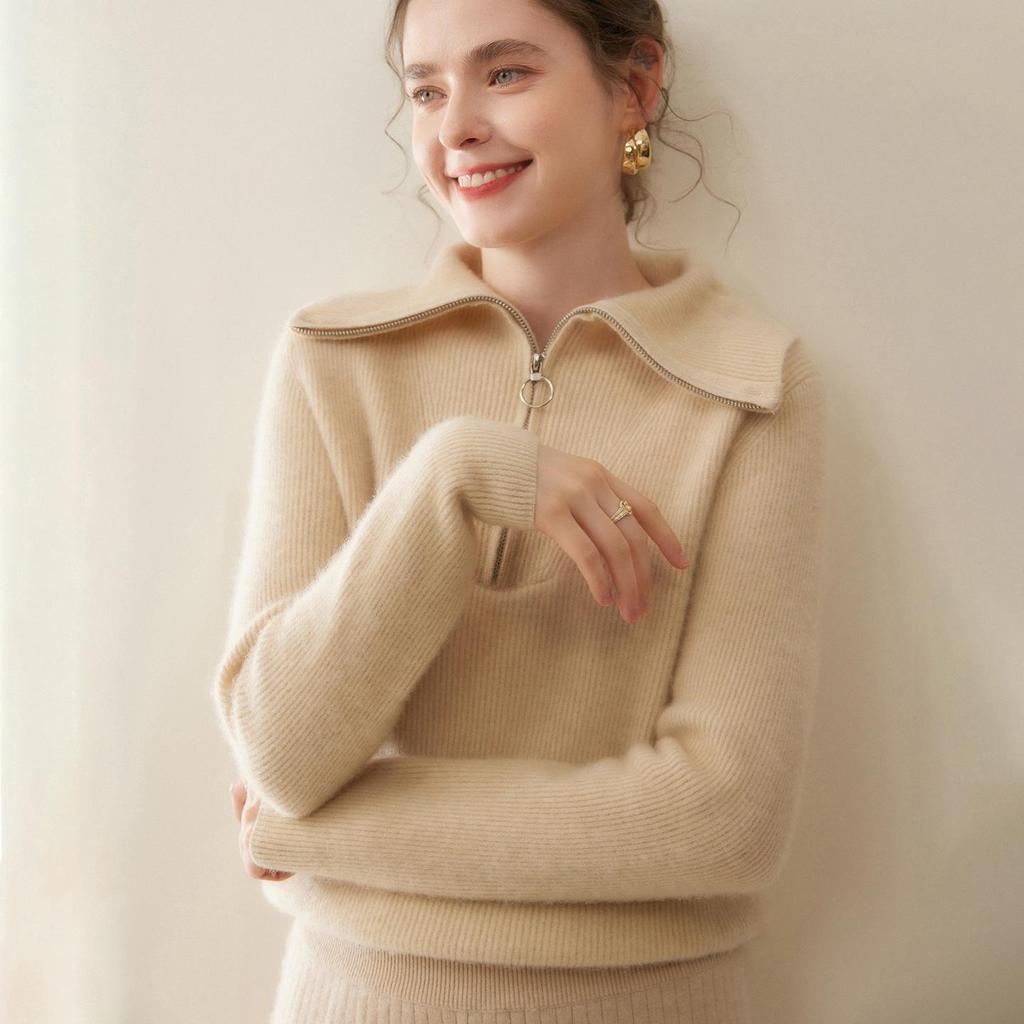 Damen Dick gestrickter Kaschmirpullover - Großer Reverskragen, Polo-Kragen mit halbem Reißverschluss, Vielseitige lockere Passform für Herbst und Winter