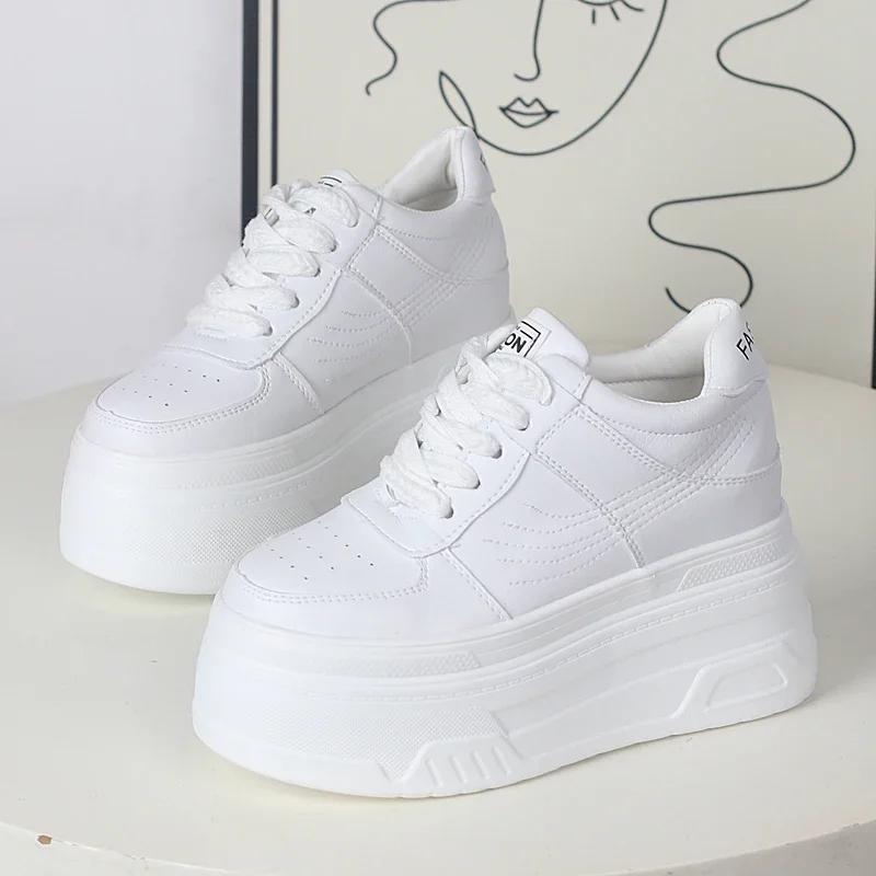 

Модные 12 см Синтетические Женские Устойчивые Высокая Платформа Массивные Кроссовки Модные Весенне-Осенние Вулканизированные На шнуровке Туфли из Натуральной Коровьей Кожи 36 белый