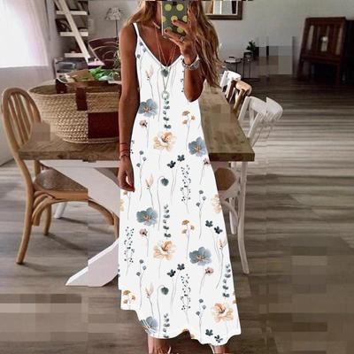 European & American V-neck Summer Print Strappy Dress