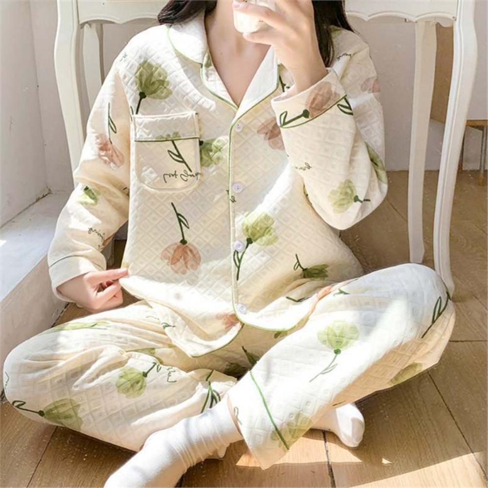 

New Autumn and Winter Long-sleeved Pajamas for Women Air Mezzanine Cardigan Girl Cute Cartoon Printed Home Clothing Set XL