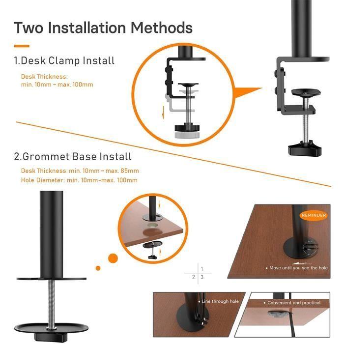 Support Écran PC Double - BONTEC - 2 Moniteurs 13-27 Pouces - Réglable en Hauteur - Inclinable - Pivotant