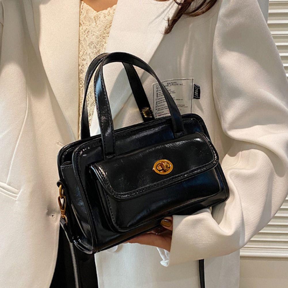 Solid Color Pocket Boston Tote Bag Korean Style Underarm Bag Mini PU Bowling Bag  Girls