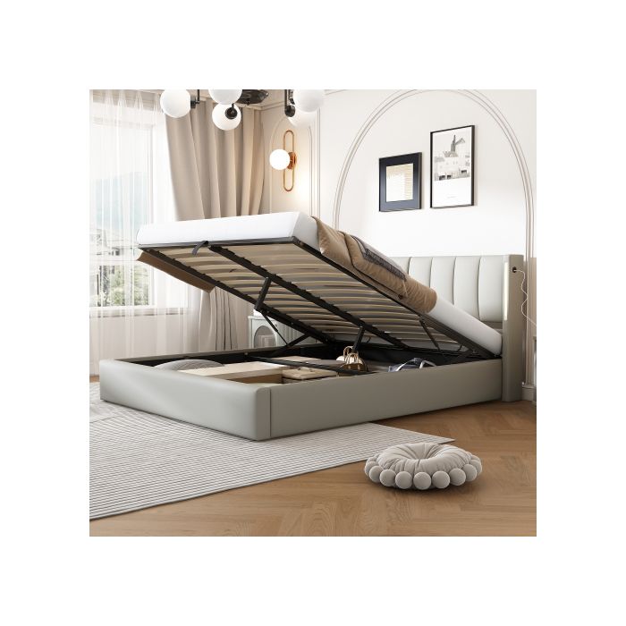 Lit capitonné - Binaural LED - 180 x 200 cm - Tête de lit réglable - Matériau PU gris