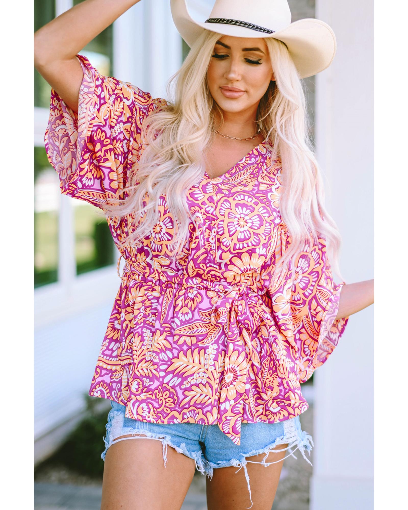 

Azura Exchange Floral Print Surplice Boho Blouse S красный