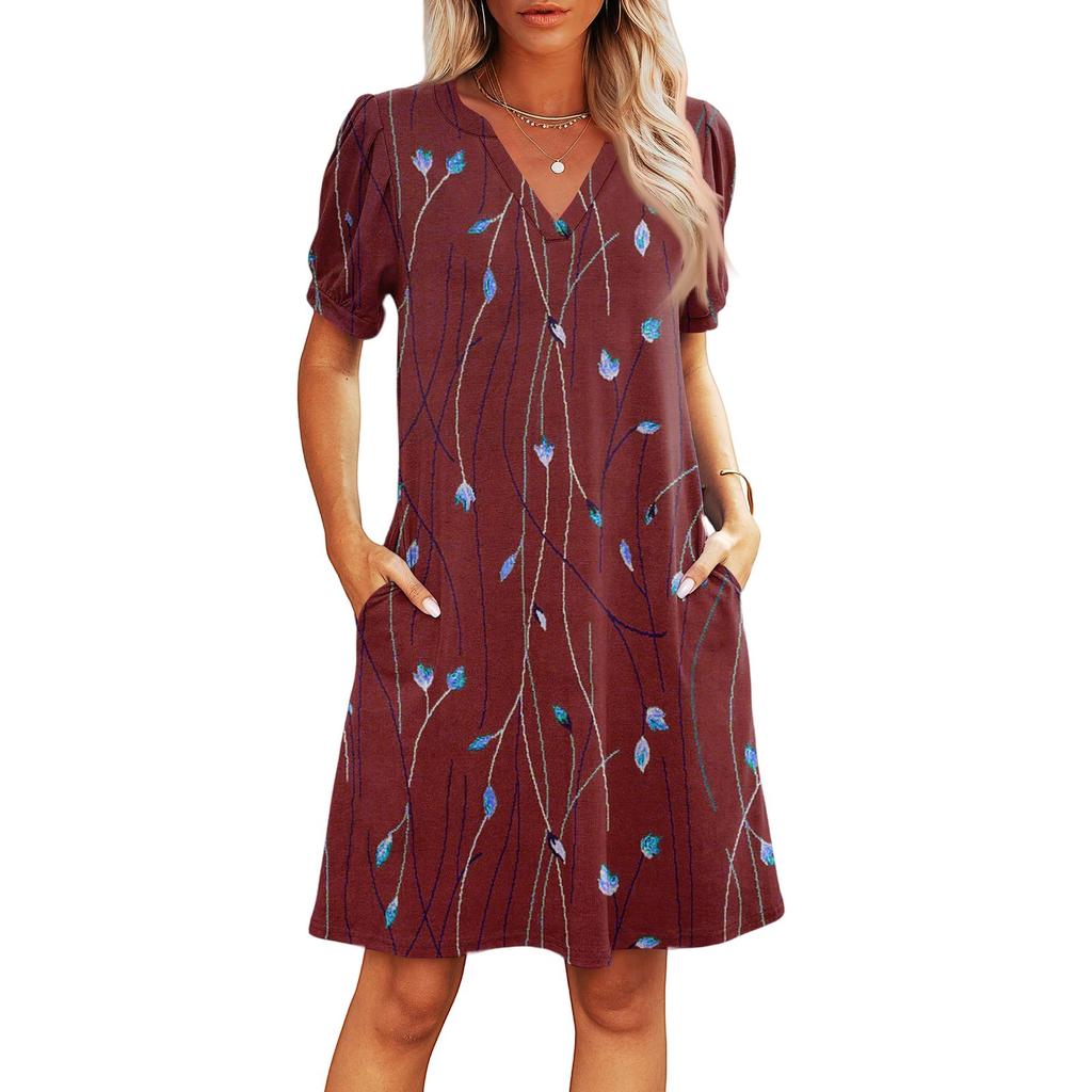 Women's Summer V-Neck Casual Beach Dresses Pod Short Sleeve Vintage Floral Print Dresses