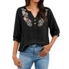 Damen Florale Stickerei Henley Knopfleiste Dreiviertelärmel Leinen Baumwolle Bluse Lässig Lockerer Schnitt Hemd