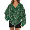 Women's Fashionable V-neck Christmas Printed Long Sleeved Casual Pullover Plush Warm Pocket Sweatshirt Top