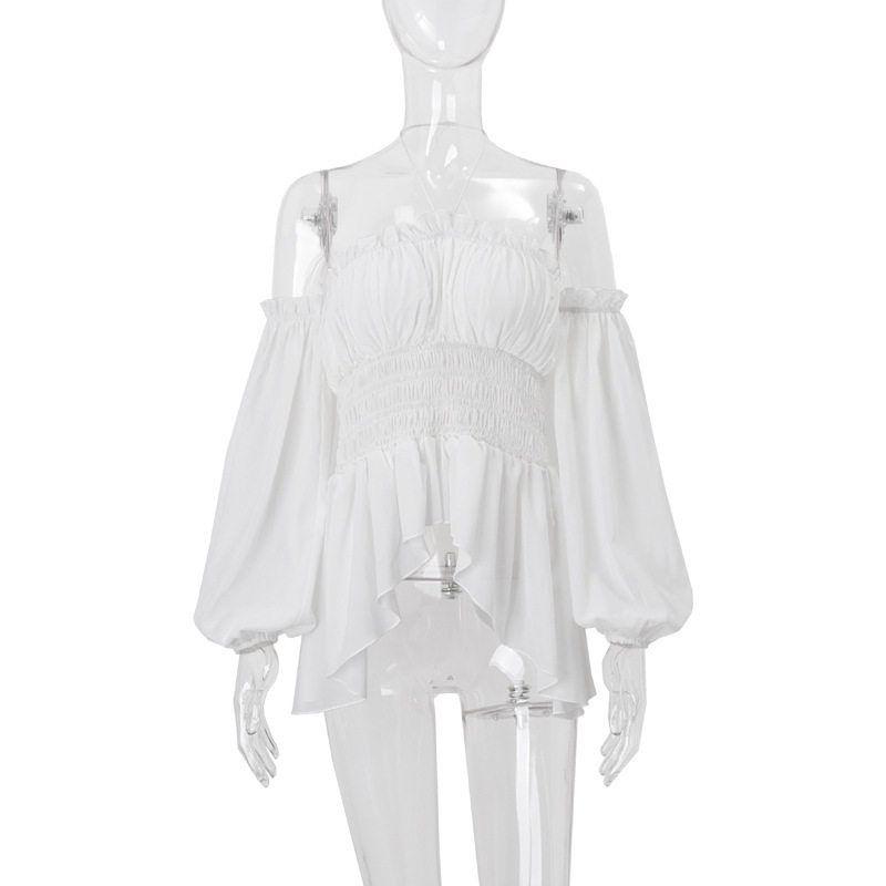 

Amazon s 2025 Spring New Sexy One-Shoulder Ruffled Slim-Fit Lantern Long-Sleeve Halter Top for Women White S