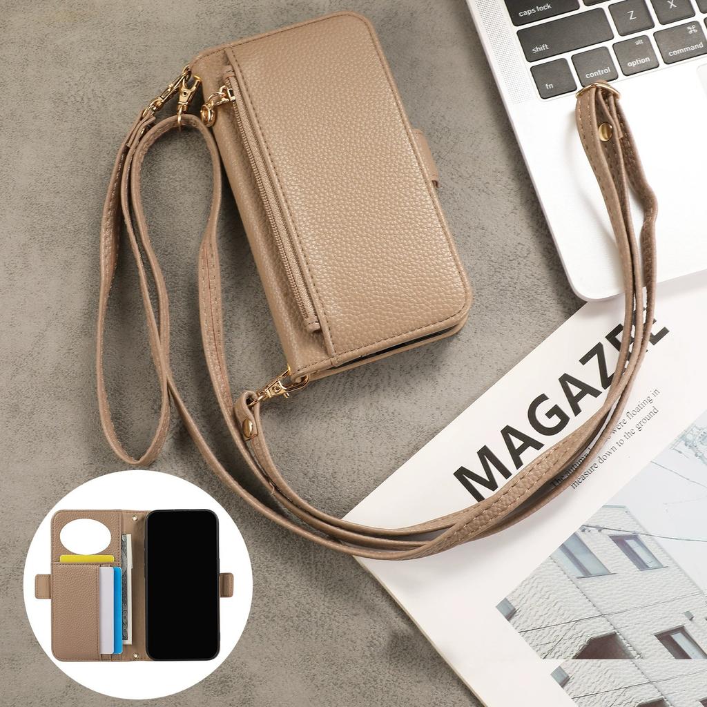 Wallet Case for Apple iPhone 17 ProMax- Zipper Crossbody Adjustable Lanyard Mirror Flip Shockproof Full Cover on iPhone 17/16/15/14/13/12/11/Plus/Pro