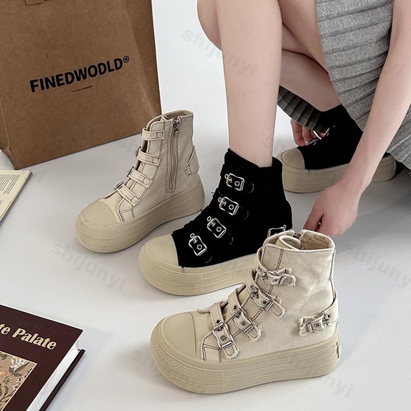 Fashion Retro Fashion Buckle Design Thick Soled Casual Canvas Short Boots for Women 2025 Autumn Comfortable Non Slip Chunky Ankle Boots