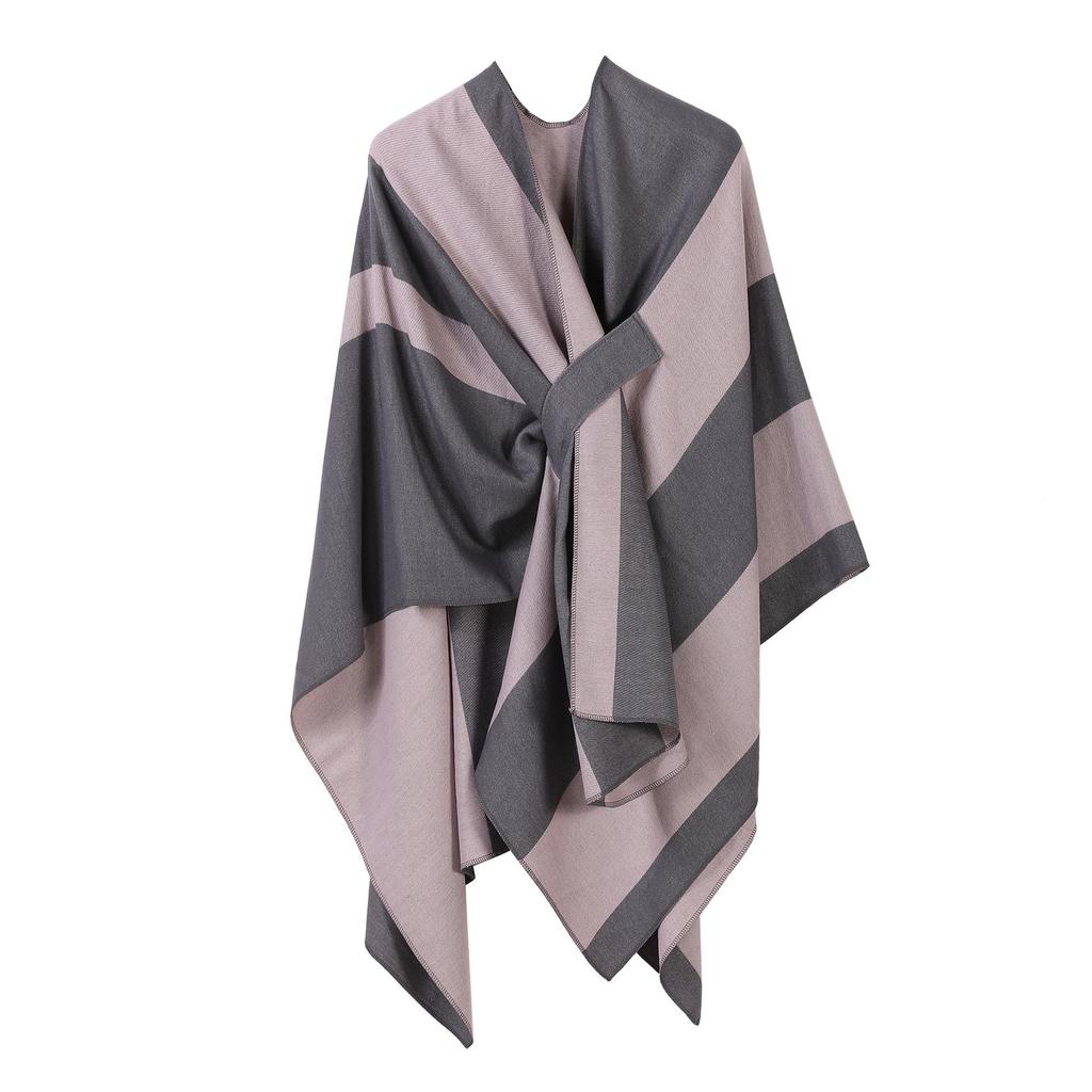 Women's European & American Double-Sided Solid Color Cape Shawl with Striped Edge