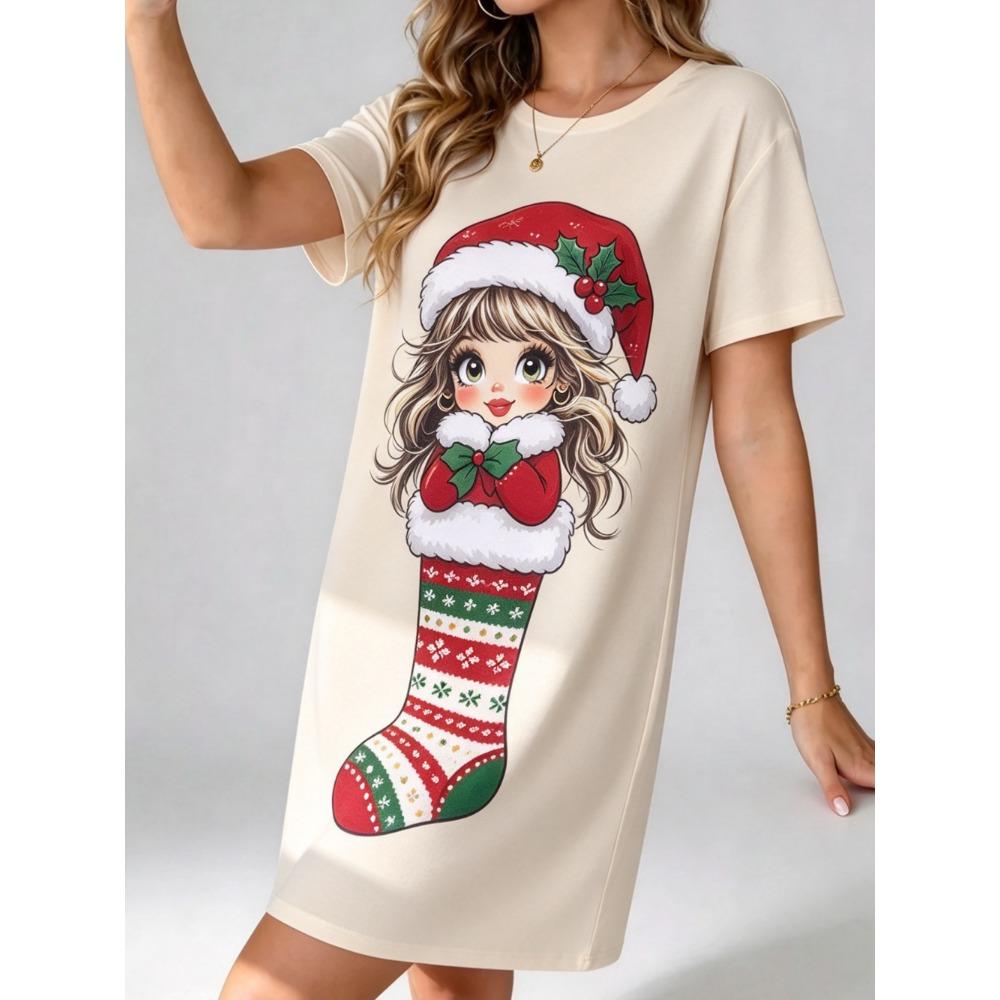 Fashion Comfortable Versatile Breathable Dress Cute Cartoon Printed New Year Dress Women Short Sleeve O-Neck Loose Casual Dress