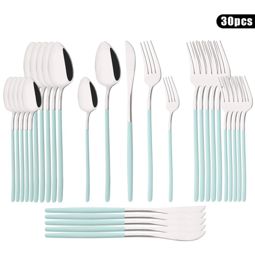 Sada 30 ks nádobí Příbory z nerezové oceli Nůž Dezert Vidlička Lžíce Nádobí Bílé zlato Příbory Kuchyňské stříbro