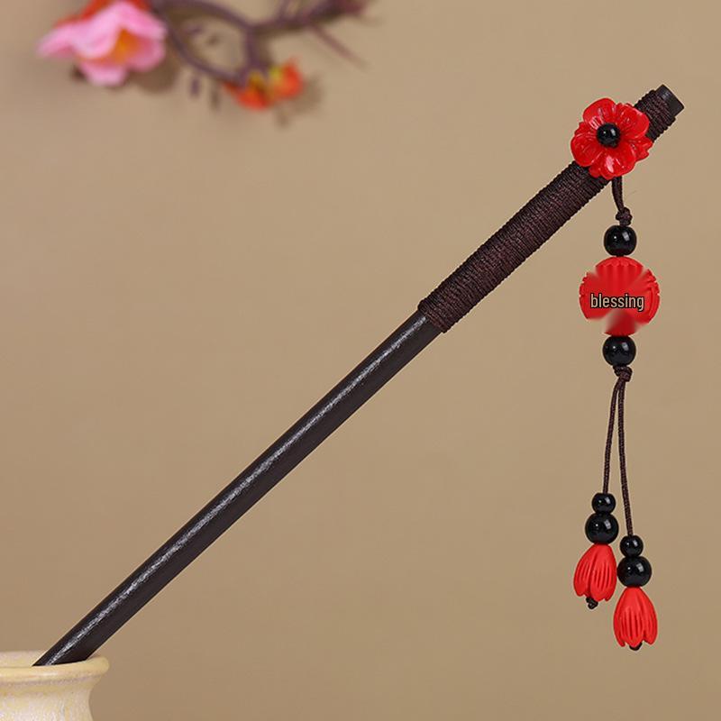 Vintage Tassel Wooden Hairpin for Women - Imitation Ebony Hanfu Accessory, Ancient Style Costume Hairpin